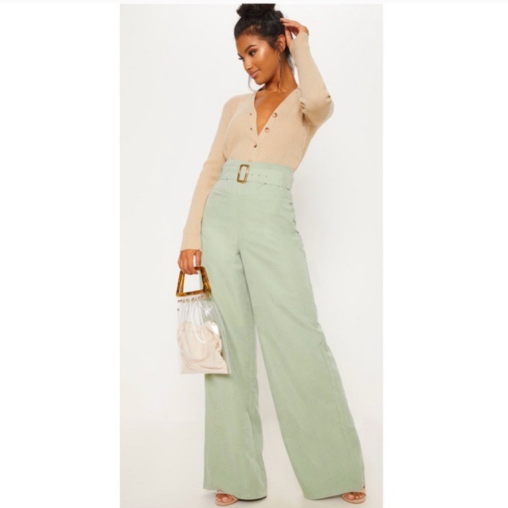 PrettyLittleThing - Sage Faux Suede Wide Leg